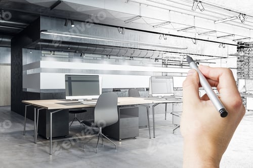 Preview: Hand Drawing Loft Office With Daylight. Architecture And Drawing Concept.