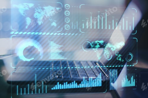 Preview: Close Up Of Laptop On Desktop With Creative Glowing Blue Business Chart And Map Hologram On Blurry