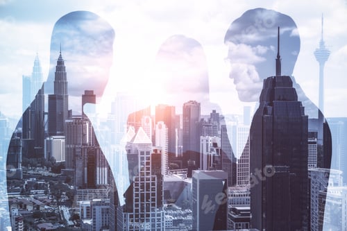 Preview: Creative Businessmen And Women Crowd Standing On Glowing City Background. Teamwork, Meeting And