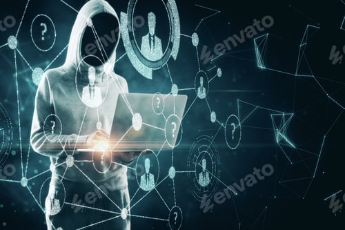 Preview: Hacker Using Laptop On Abstract Digital Interface Background. Hacking And Data Concept. Double