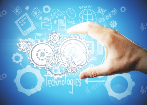 Preview: Creative Image Of Male Hand Drawing Abstract Drawn Cogwheels. Technologies Concept