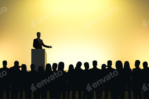 Preview: Businessman Giving Speech In Front Of Backlit Audience On Light Yellow Background. Speaker And