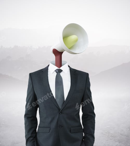 Preview: Loud Speaker Headed Businessman On Landscape Background. Communication, Voice And Power Concept