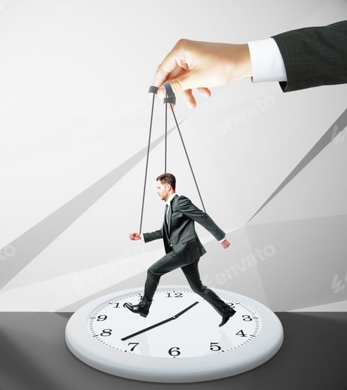 Preview: Huge Hand Making Businessman Run On Abstract Clock. Abstract Concrete Background. Manipulation And
