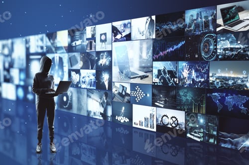 Preview: Spying Concept With Hacker Working On Laptop And Media Wall With Video Shots On Background