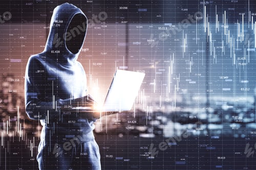 Preview: Hacker On Blurry Night City Background Using Laptop With Glowing Forex Chart. Hacking And Invest