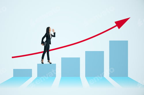 Preview: Attractive Young European Businesswoman Standing On Blue Business Chart And Red Arrow. Finance