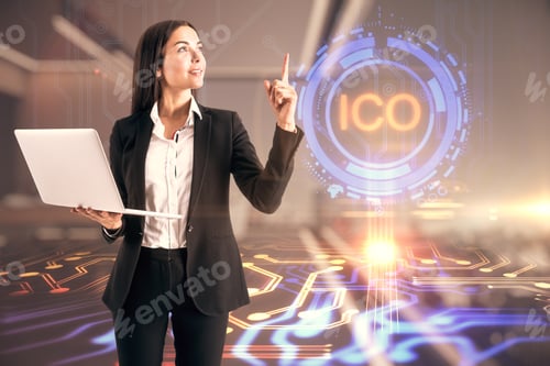 Preview: Ico Concept With Joyful Businesswoman Found New Idea To Increase Profit. Double Exposure