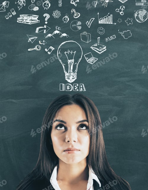 Preview: Portrait Of Thoughtful Young European Businesswoman On Chalkboard Wall Background With Business