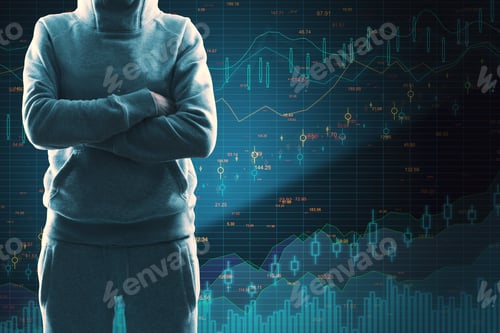 Preview: Hacker With Folded Arms Standing On Dark Background With Forex Chart. Malware And Finance Concept