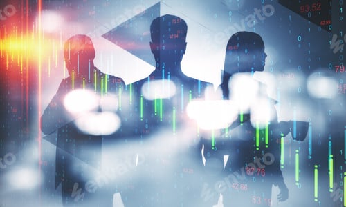 Preview: Businesspeople Silhouettes With Economic Crisis Charts On Virtual Screen. Trade And Finance