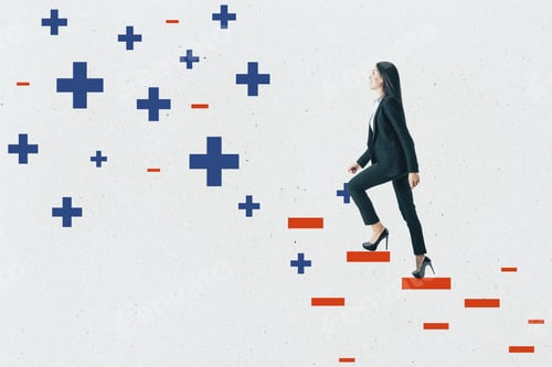 Preview: Young Businesswoman Climbing Abstract Plus And Minus Ladder On Concrete Wall Background. Medicine