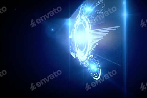 Visualização: Vista lateral do painel de negócios digital azul. Conceito financeiro