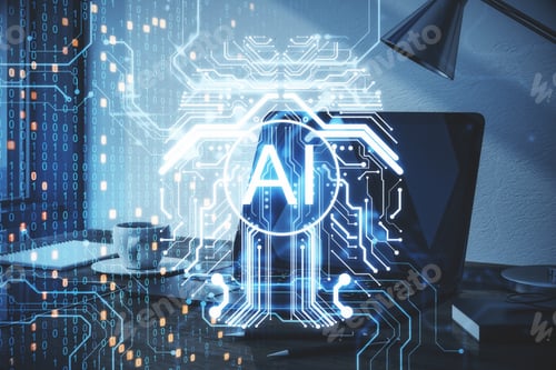Preview: Laptop With Glowing Digital Brain And Ai Hologram. Artificial Intelligence And Innovation Concept