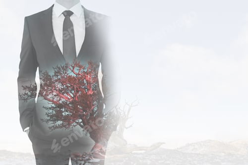 Preview: Businessman In Suit On Abstract Background With Red Tree And Copy Space. Double Exposure