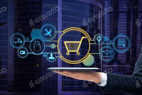 Preview: Close Up Of Businessman Hand Holding Smartphone With Abstract Glowing Cart Interface On Blurry City