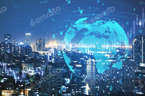 Preview: Creative Globe Hologram With Money Signs And Candlestick Graph On Blurry Night City Wallpaper