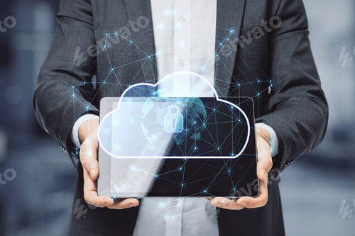 Preview: Close Up Of Businessman Hand Holding Pad With Abstract Glowing Cloud Hologram With Globe And Safety