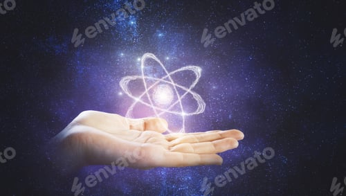 Preview: Drawn Atom Model Above Man Hand At Abstrac Tgalaxy Background