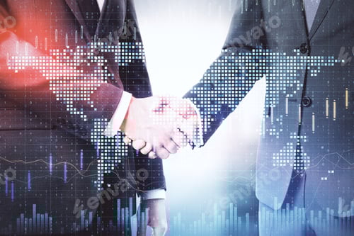 Preview: Businesspeople Shaking Hand And Glowing Global Financial Statistic. Leadership And Success Concept