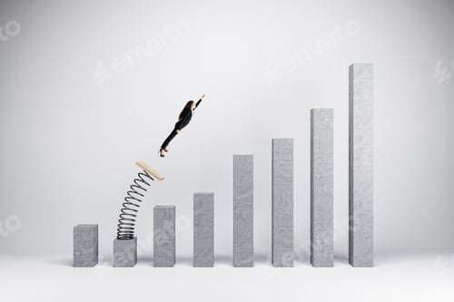 Preview: Concept Of Business Boost And Growth. Superhero Businesswoman Flying Off Of Springboard To Business