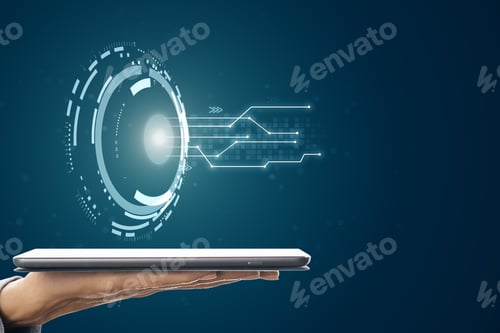 Preview: Hand Holding Digital Tablet With Creative Round Button. Future And Inovation Concept.