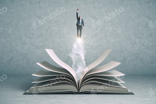 Preview: Businesswoman In Suit Flies Over Open Book On Concrete Wall Background. Business And Education