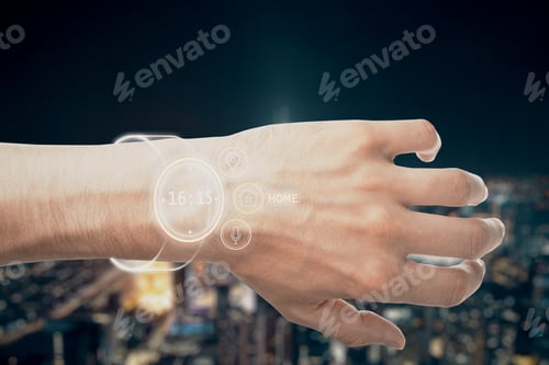 Preview: Close Up Of Hand With Smart Watch Hologram On Blurry Night City Background. Innovation And Device