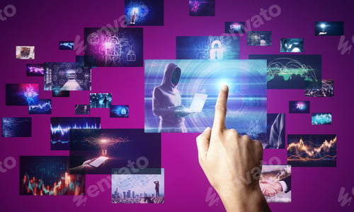 Preview: Hand Pointing At Abstract Digital Picture Gallery On Blurry Background. Social Media And Cloud