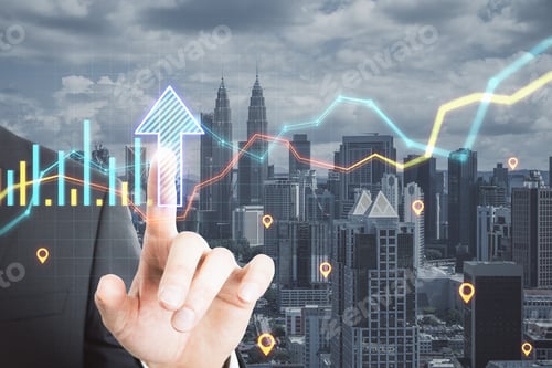 Preview: Close Up Of Businessman Hand Pointing At Abstract Glowing Growth Chart And Arrow On Blurry City