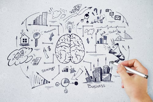 Preview: Hand Drawing Business Sketch On Concrete Wall Background. Brainstorm And Leadership Concept