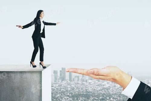 Preview: Hand Helping Businesswoman Overcome Gap On City Background. Support And Challenge Concept