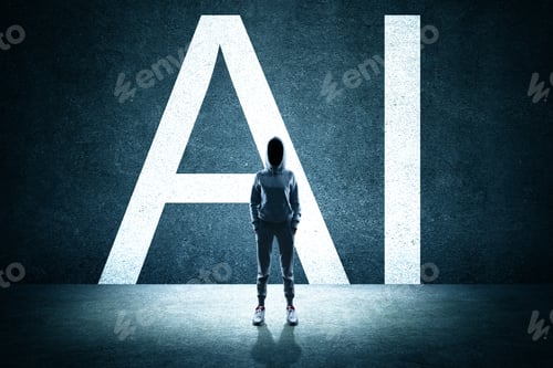 Preview: Hacker With Creative Ai Letters On Concrete Wall. Artificial Intelligence And Malware Concept
