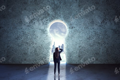 Preview: Search For A Solution Concept With Busineswoman Grabbing Her Head And Staying In Front Of Keyhole