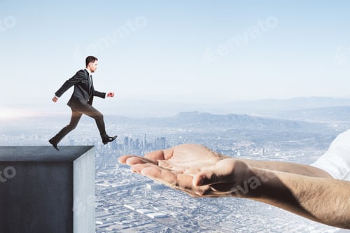Preview: Young Businessman Jumping From Roof To Hand On City Skyline Background. Leadership And Success
