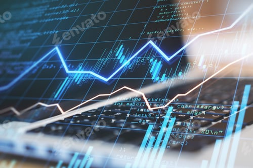 Preview: Growing Diagram With Financial Graphs On Digital Screen At Blurry Laptop Background. Double Exposure