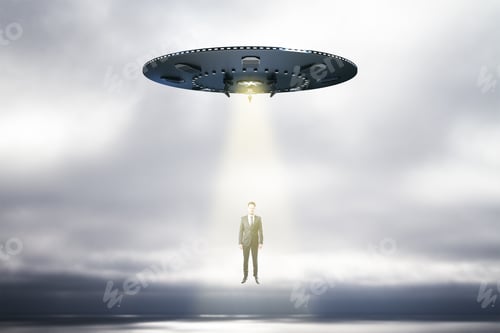 Preview: Abstract Ufo With Light Taking Businessman On Sky Background With Mock Up Place. Spaceship