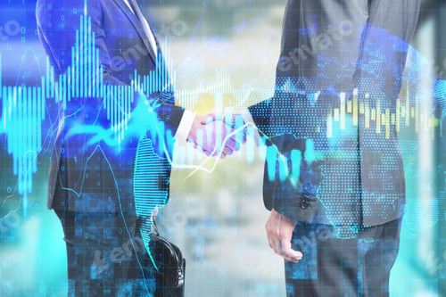 Preview: Businessmans Shaking Hands With Glowing Stock Charts Gologram. Money And Trade Concept