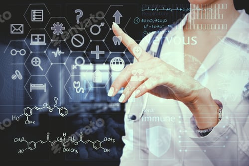 Preview: Young Female Doctor With Digital Interface. Health And Innovation Concept. Double Exposure