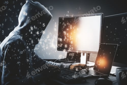Preview: Side View Of Young Hacker In Hoodie Using Computers With Binary Code. Computing And Hacking Concept