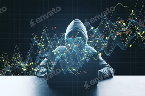 Preview: Hacker Holding Laptop With Abstract Forex Chart On Dark Background. Trade And Malware Concept