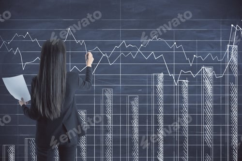 Preview: Businesswoman Drawing Global Marketing Plan On Wall. Trade And Business Analysis Concept. Close Up
