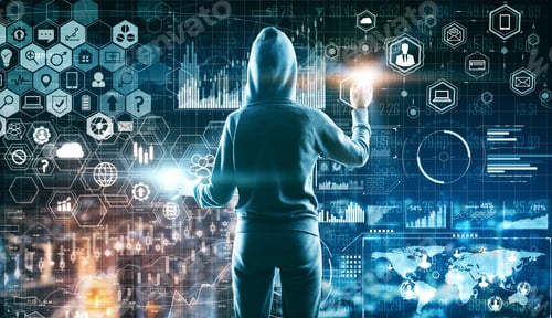 Preview: Hacker With Digital Business Interface On Blurry Night City Background. Hacking And Innovation