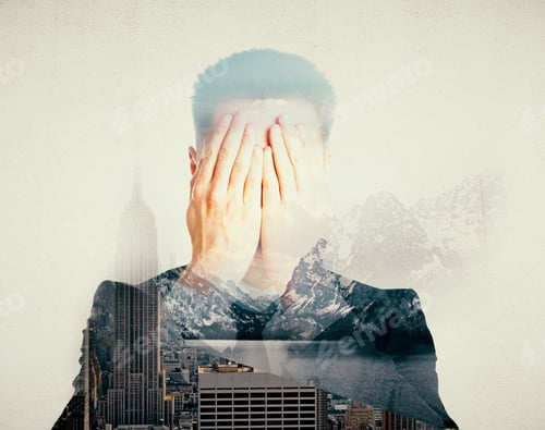 Preview: Man Covering Face With Hands On Abstract City And Nature Background With Sunlight. Stress Concept