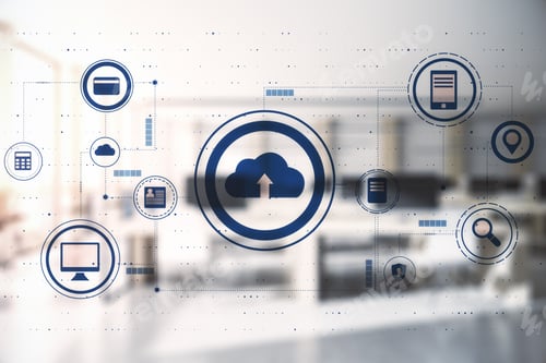 Preview: Cloud Technology Concept With Digital Cloud, Computer And Social Icons Connected By Dotted Lines On