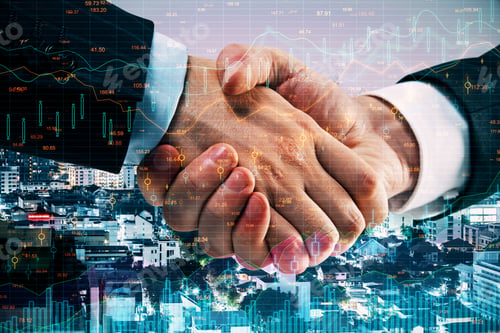 Preview: Close Up Of Businessmen Handshake On Blurry City Background With Forex Chart Grid. Teamwork And