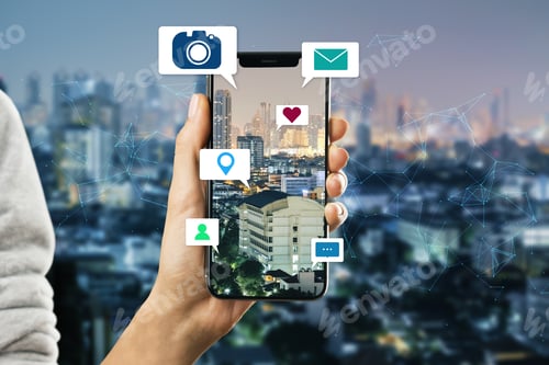Preview: Close Up Of Hand Holding Smartphone Device With Abstract Polygonal Mesh, Camera, Location Pin