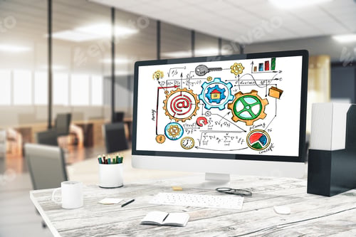 Preview: Monitor With Colorful Business Concept And Office In The Background. 3D Render