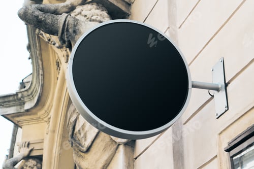Preview: Empty Round Black Signage On Building With Classical Architecture And Daylight. Mock Up