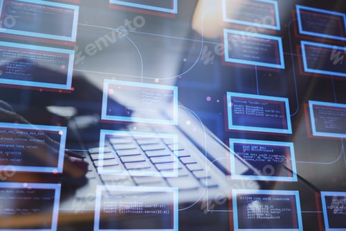 Vista previa: Close Up Of Businessman Hand Using Laptop Keyboard With Abstract Creative Coding Programming At